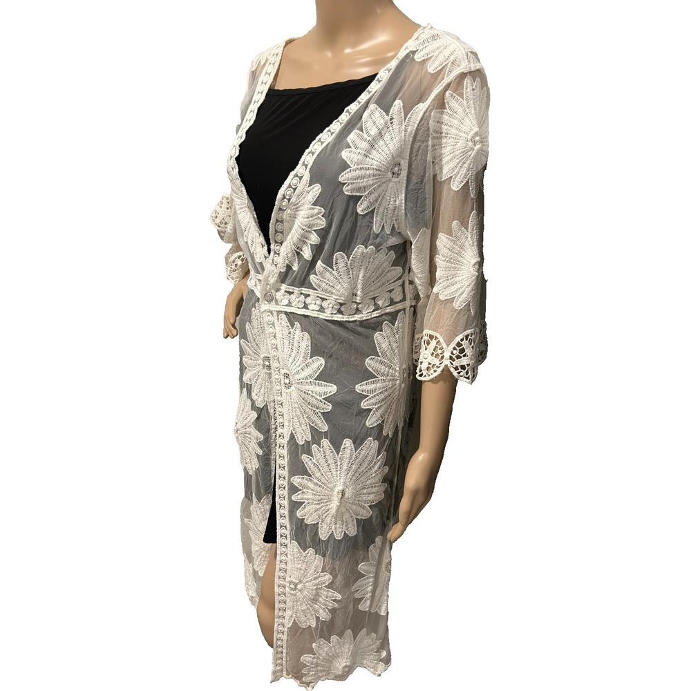 White Floral Lace Embroidered Kimono Duster~One Size~ Fairycore Cottage Romantic